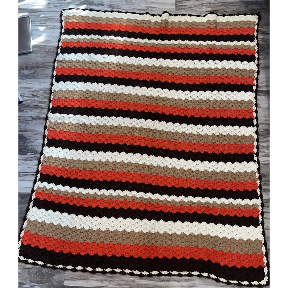 Vintage MCM Retro Fall Afghan Blanket Zig Zag Chevron Brown Orange White Throw